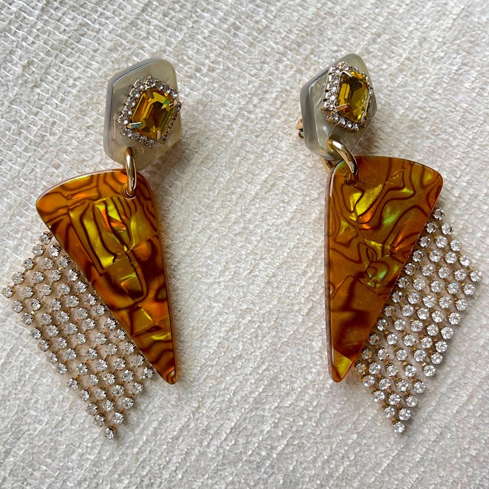 Tortoiseshell + Diamond Clip on Costume Jewelry Earrings NWT